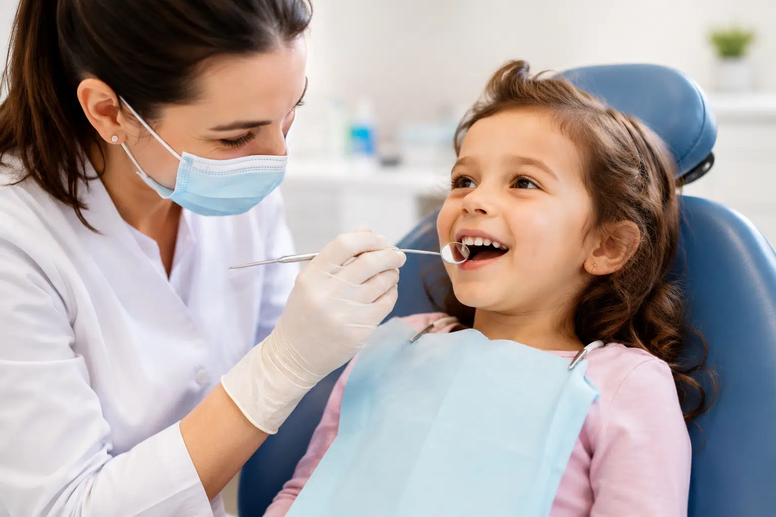 Pediatric dentist examining a young child during a first dental visit